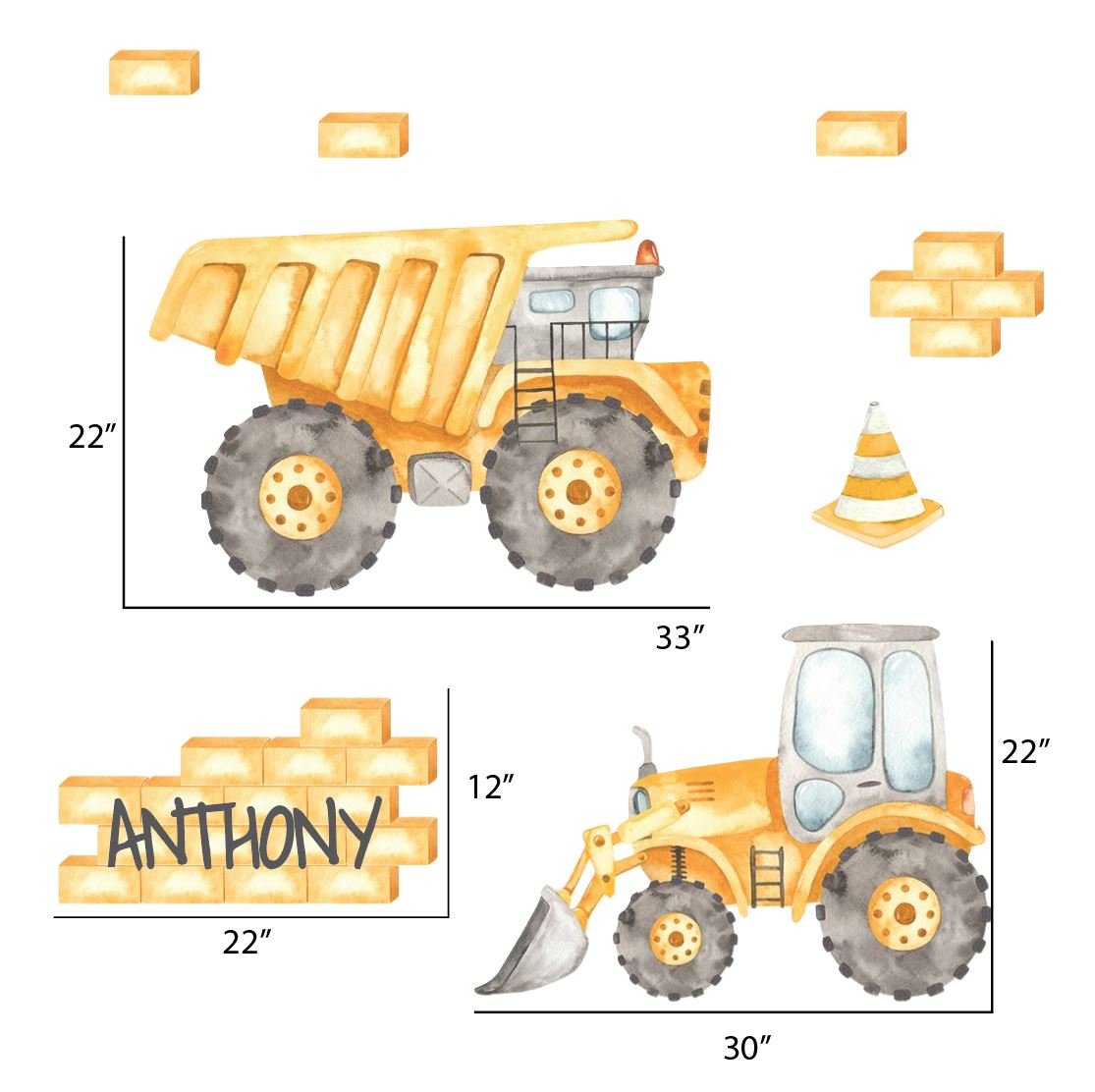 Construction Wall Decals | Bulldozer & Dump Truck | Excavator | Green & Blue - Picture Perfect Decals