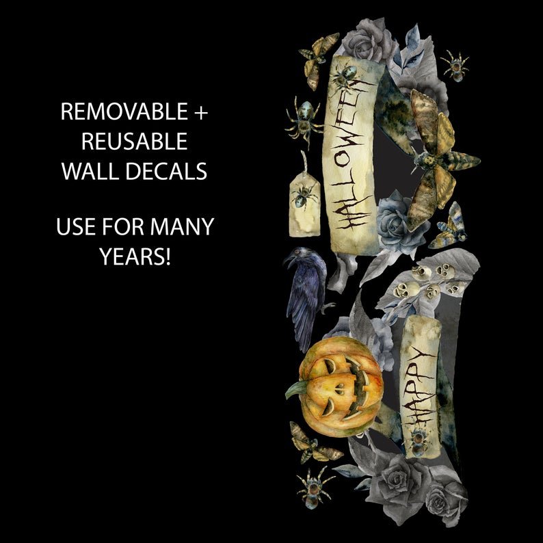 Halloween Wall Decals | Reusable Halloween Wall Decor | Pumpkin Spiders Flowers - Picture Perfect Decals