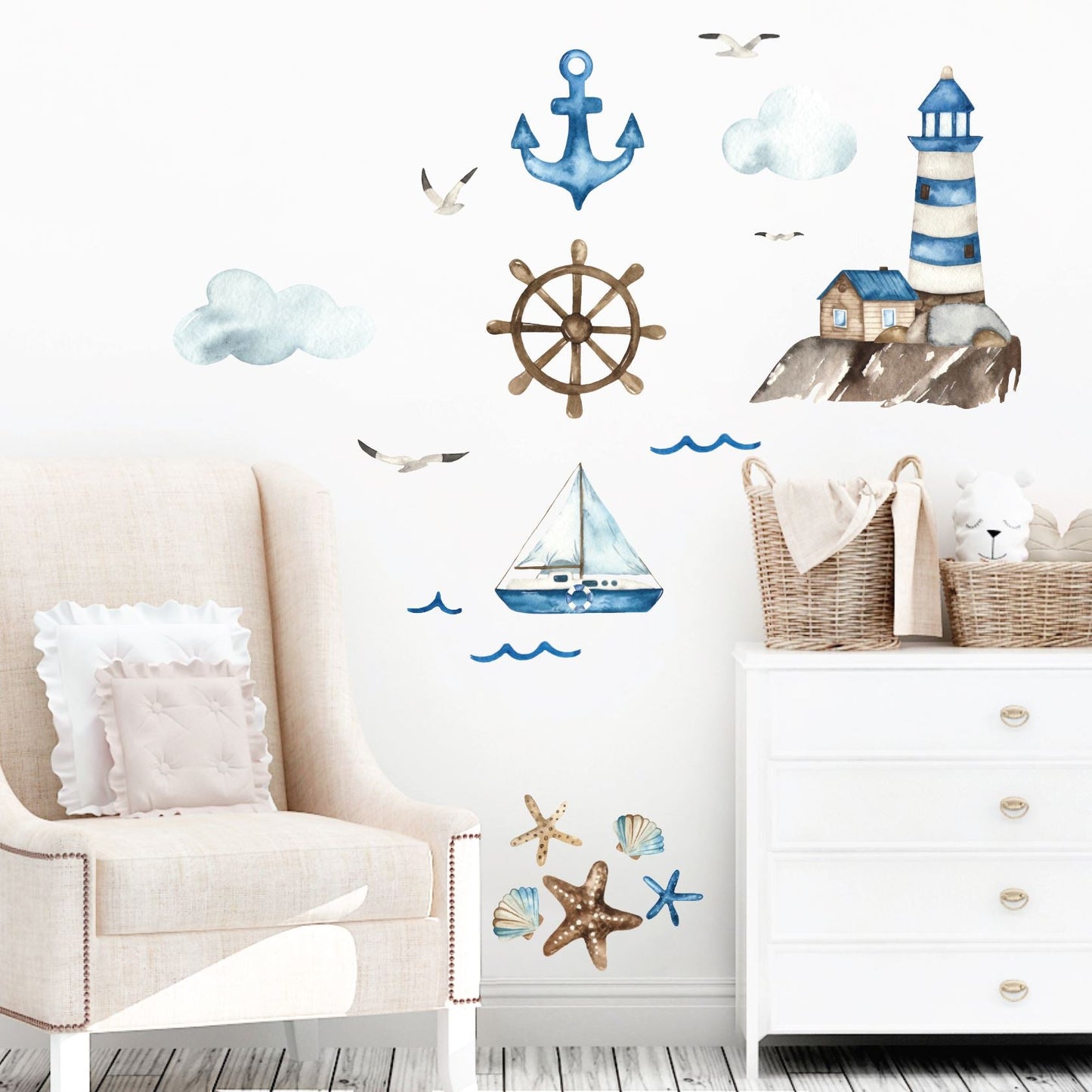 Nautical Wall Decals | Watercolor Coastal Wall Stickers | Lighthouse, Sailboat, Anchor - Picture Perfect Decals
