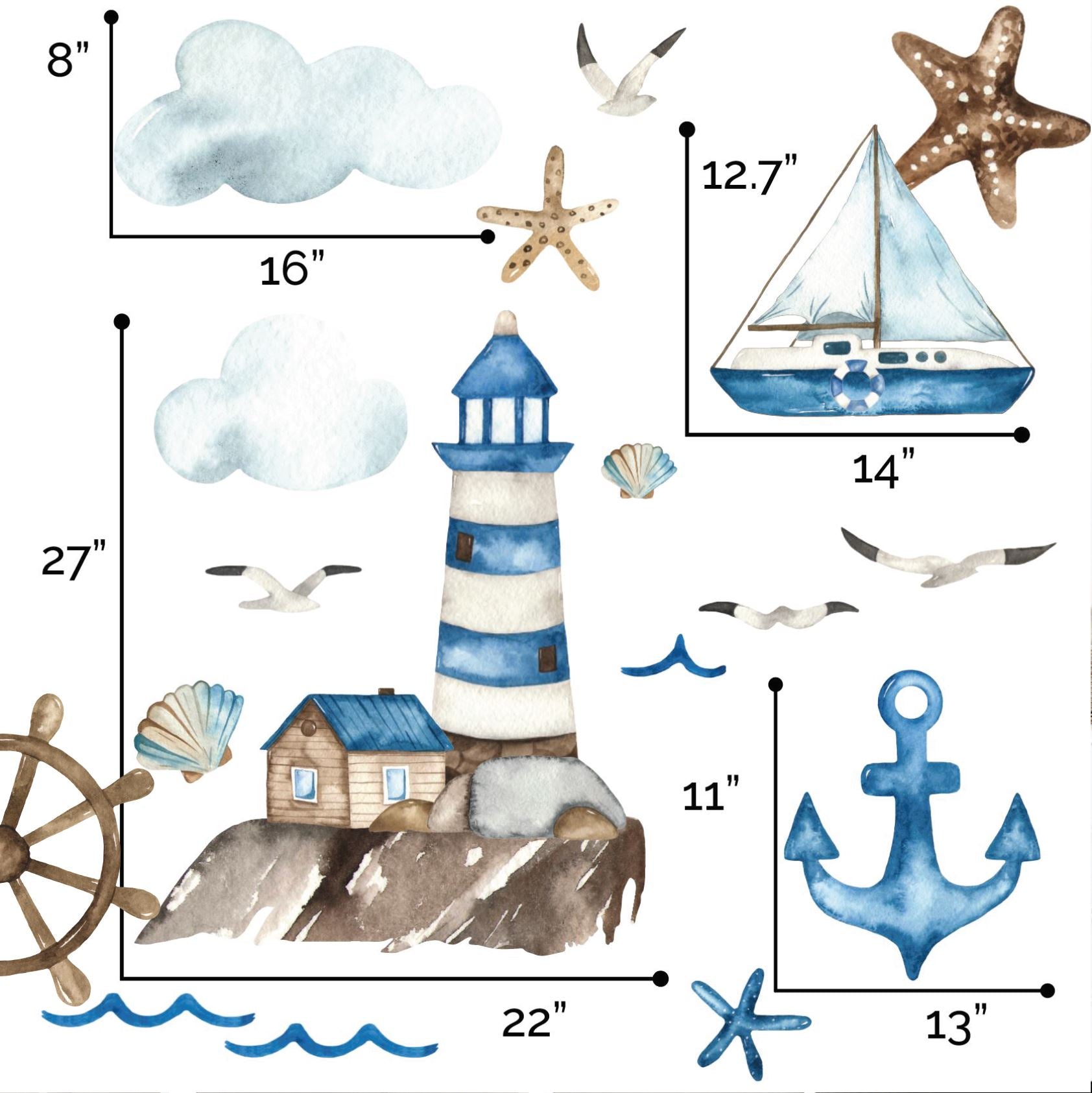 Nautical Wall Decals | Watercolor Coastal Wall Stickers | Lighthouse, Sailboat, Anchor - Picture Perfect Decals