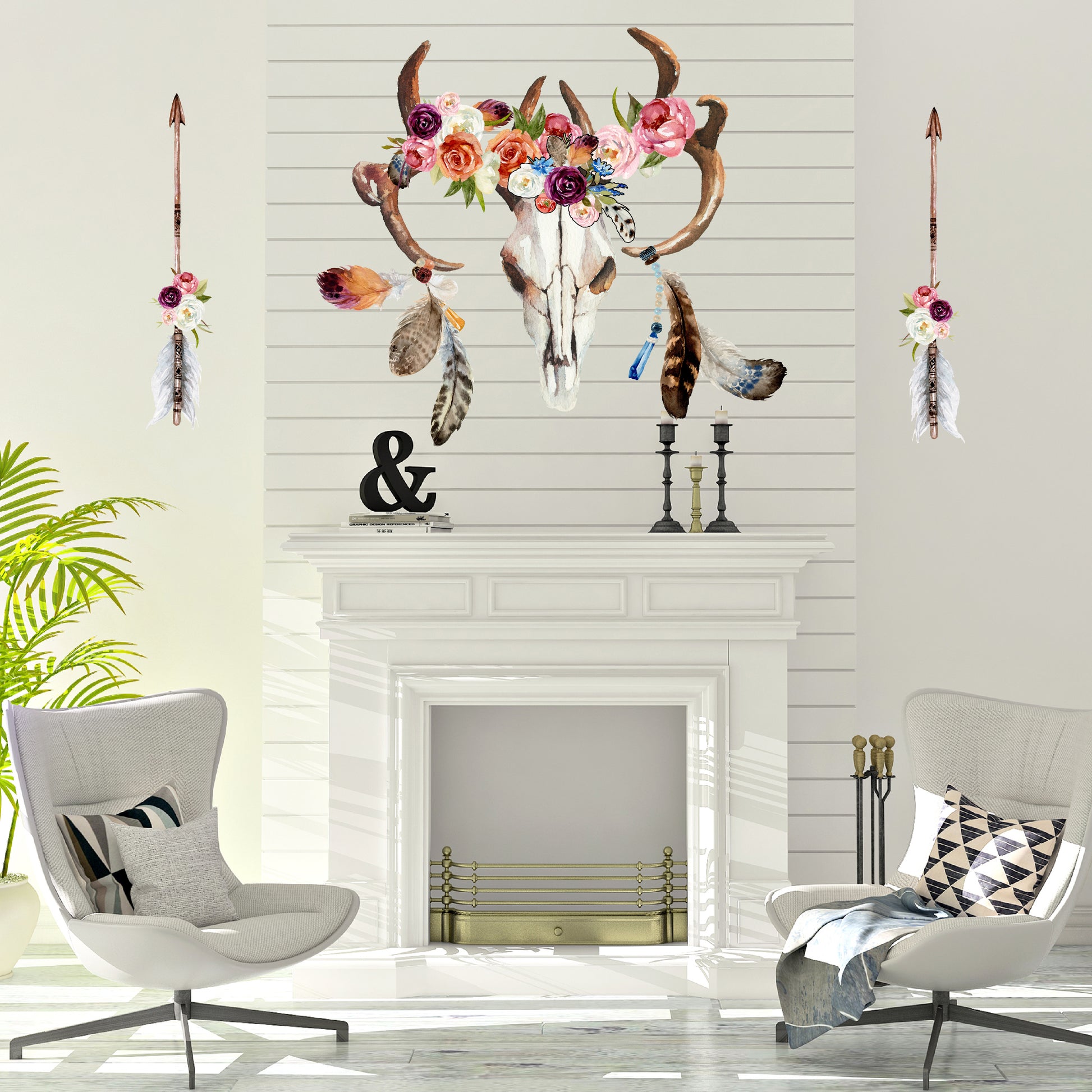 Boho Skull Feathers and Flowers Fabric Wall Decals
